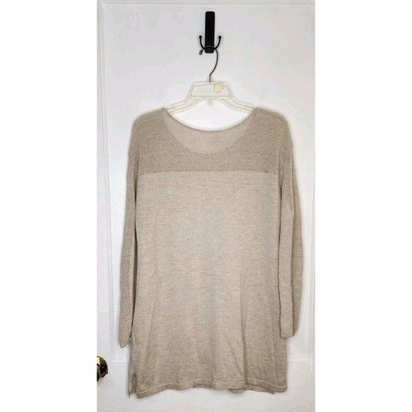 Eileen Fisher Sz Large Tunic Sweater Crochet Netting Accent 100% Wool Beige - Picture 2 of 5